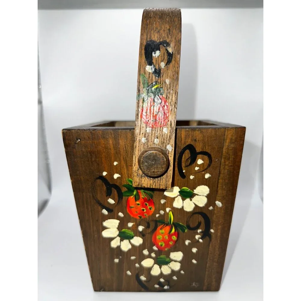 VTG Hand Painted‎ Mini Wooden Basket Painted Flowers & Strawberries Cottagecore
